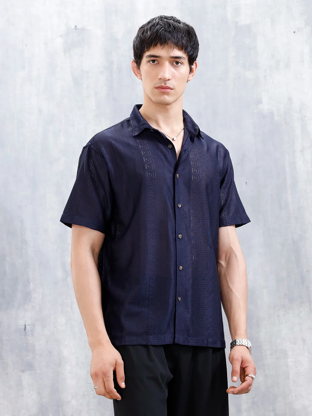 Men's Regular Fit Textured Shirt  | Navy Blue - Image 4
