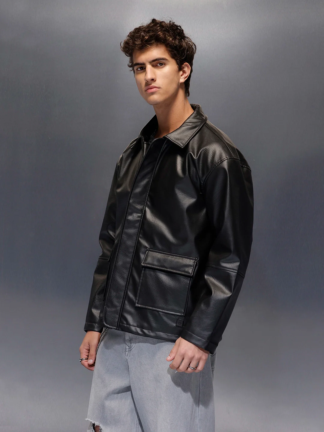 Men's Relaxed Fit Collared Fit PU Jacket  |  Black - Image 3