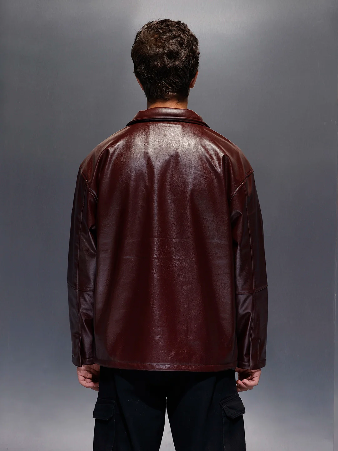 Men's Relaxed Fit Collared Fit PU Jacket  |  Wine - Image 2