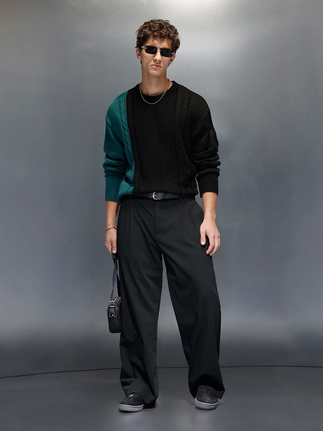 Men's Slim Fit Cable Knit Colorblocked Sweater  |  Black - Image 2