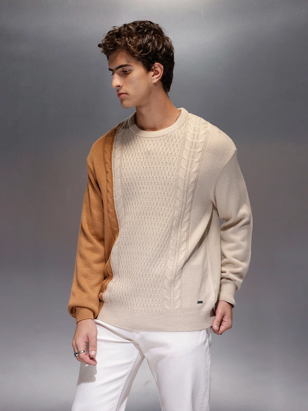 Men's Slim Fit Cable Knit Colorblocked Sweater  |  White - Image 4