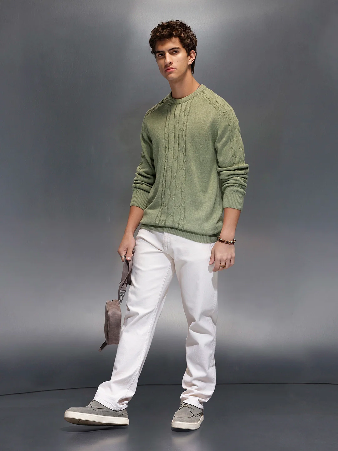 Men's Slim Fit Cable Knit Sweater  |  Green - Image 2