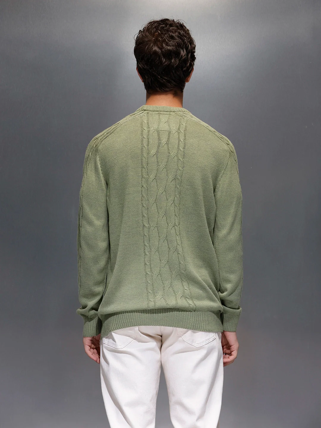 Men's Slim Fit Cable Knit Sweater  |  Green - Image 3