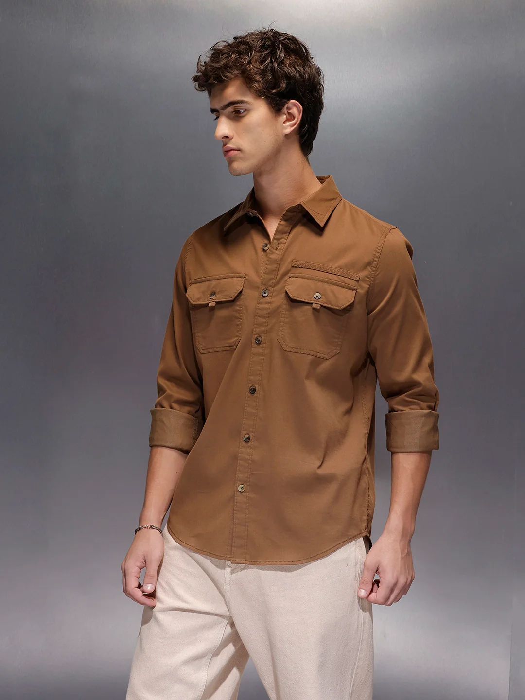 Men's Slim Fit Casual Shirt with Double Pocket  |  Khaki - Image 4