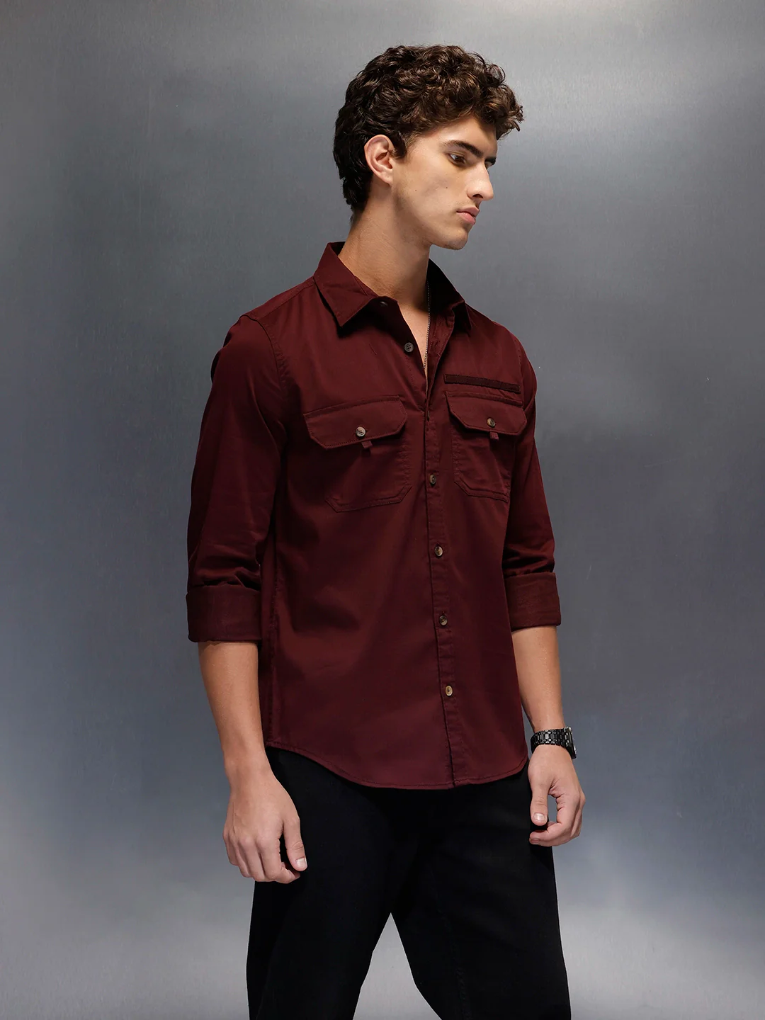 Men's Slim Fit Casual Shirt with Double Pocket  |  Wine - Image 4