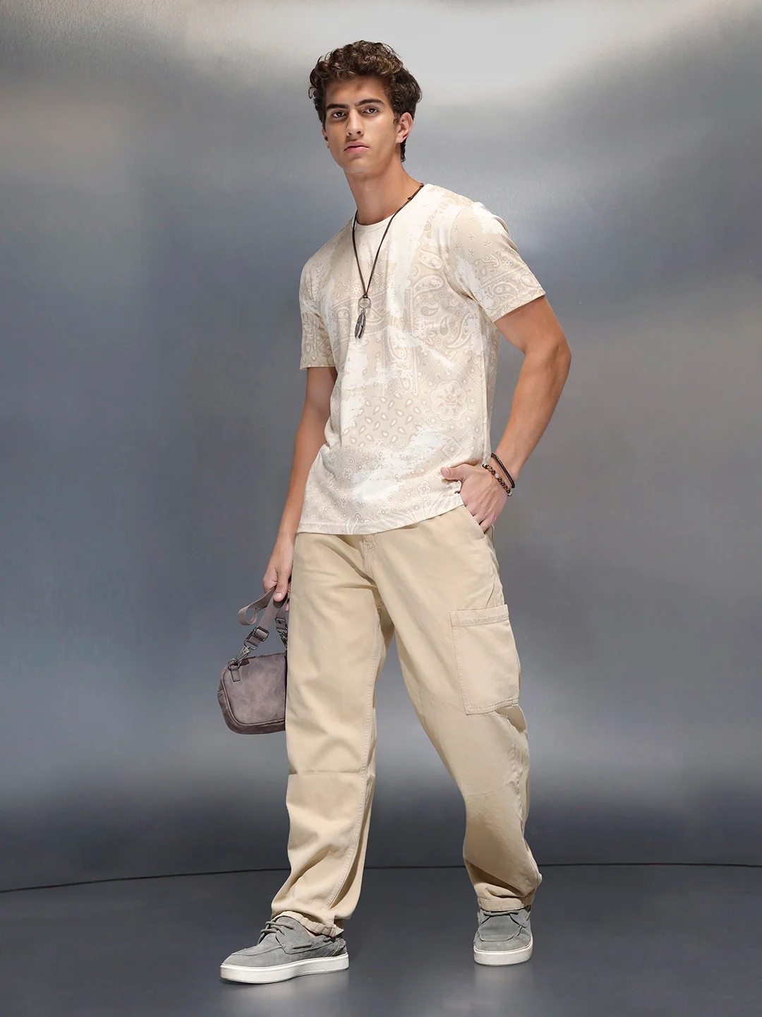 Men's slim fit Casual Tshirt with Paisley AOP  | Beige - Image 2
