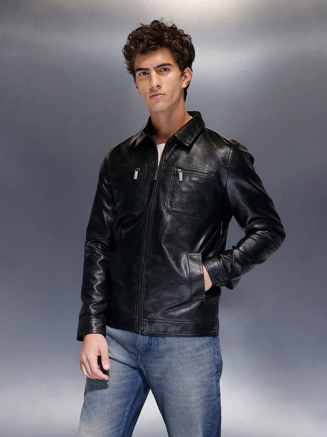 Men's Slim Fit PU Collared Jacket  |  Black - Image 4