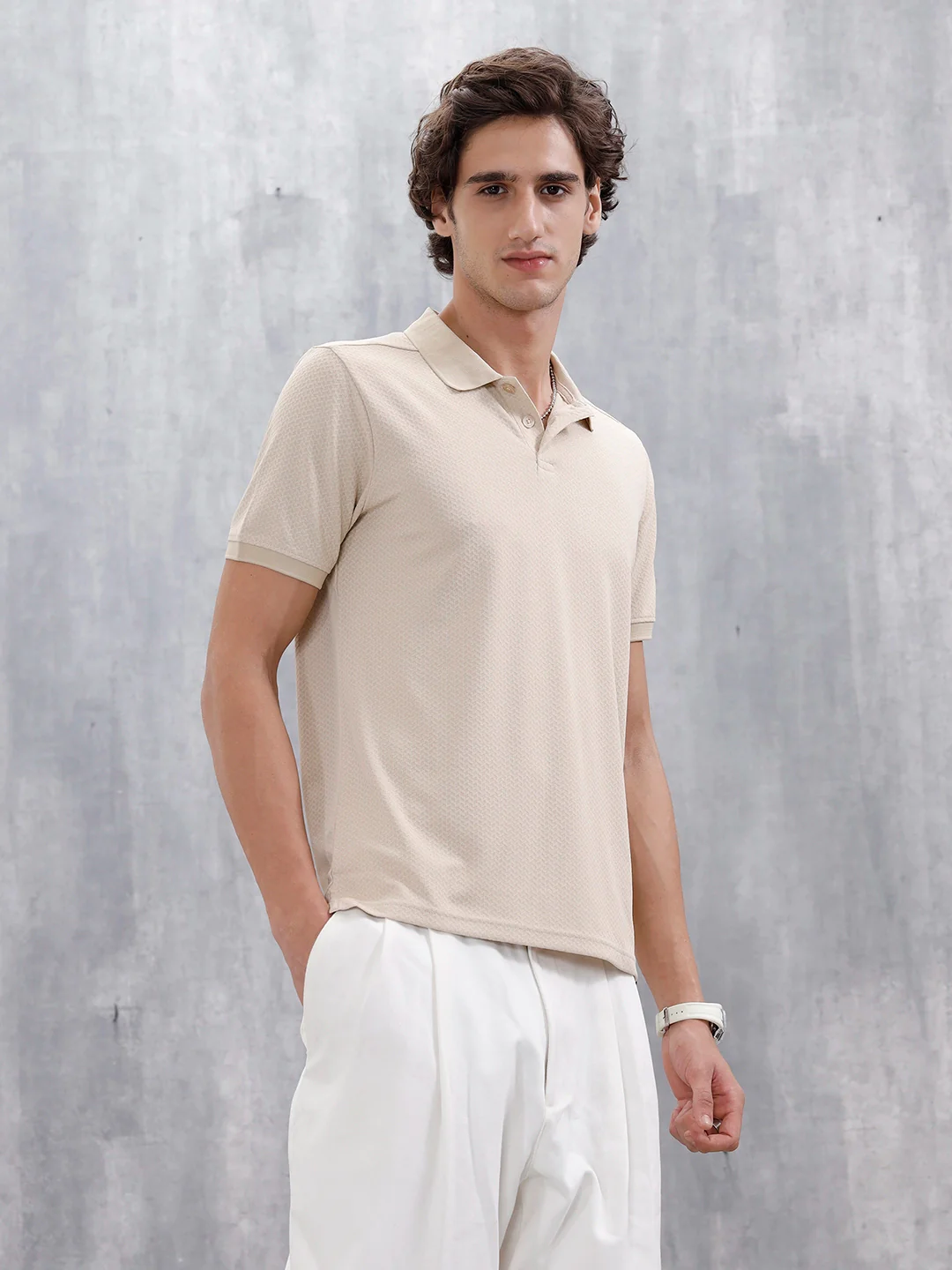 Men's Slim Fit Textured Polo | Beige - Image 4