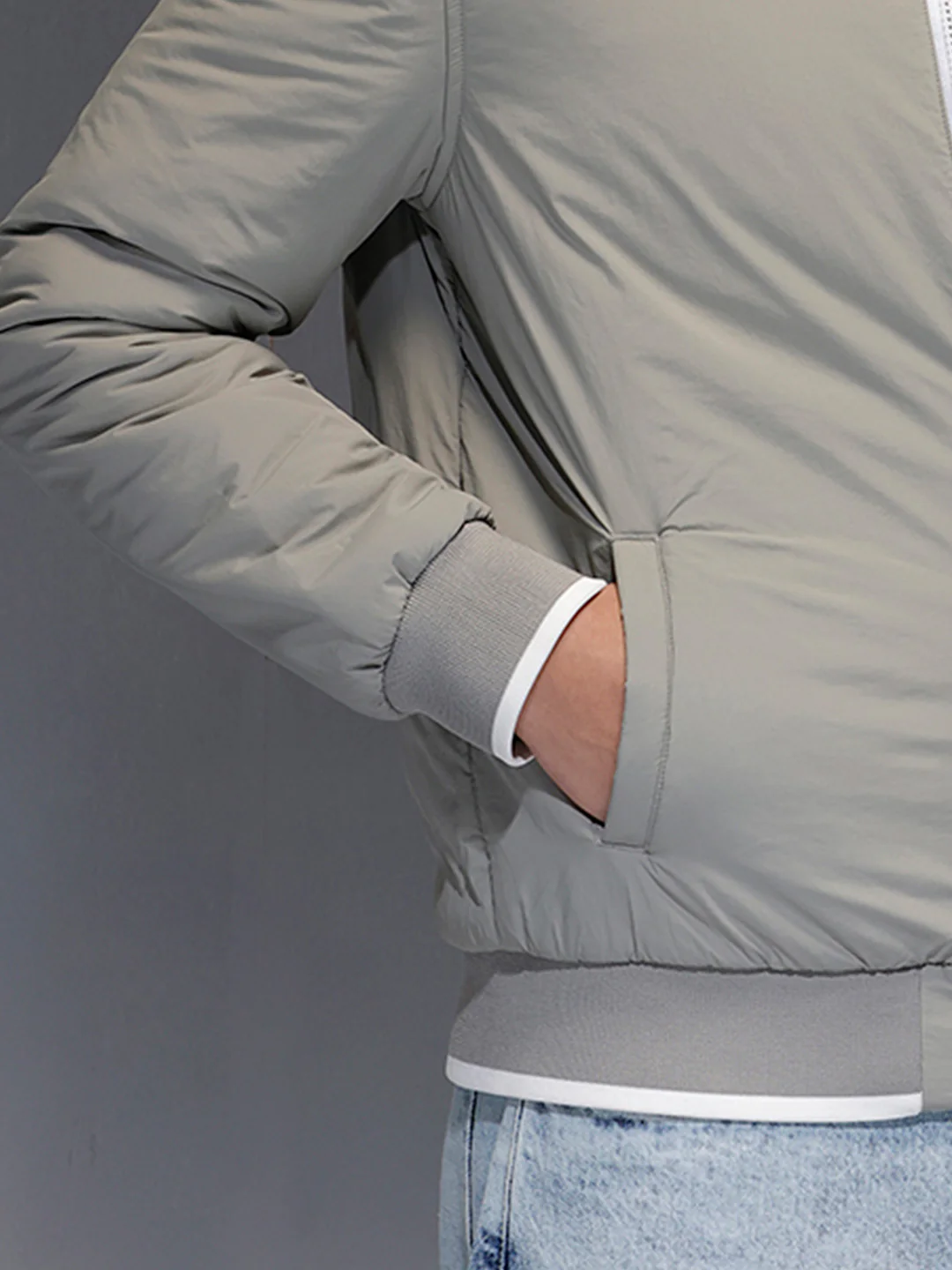 Men's Slim Fit Zip-up Nylon Jacket with Bottom Rib  |  Grey - Image 5