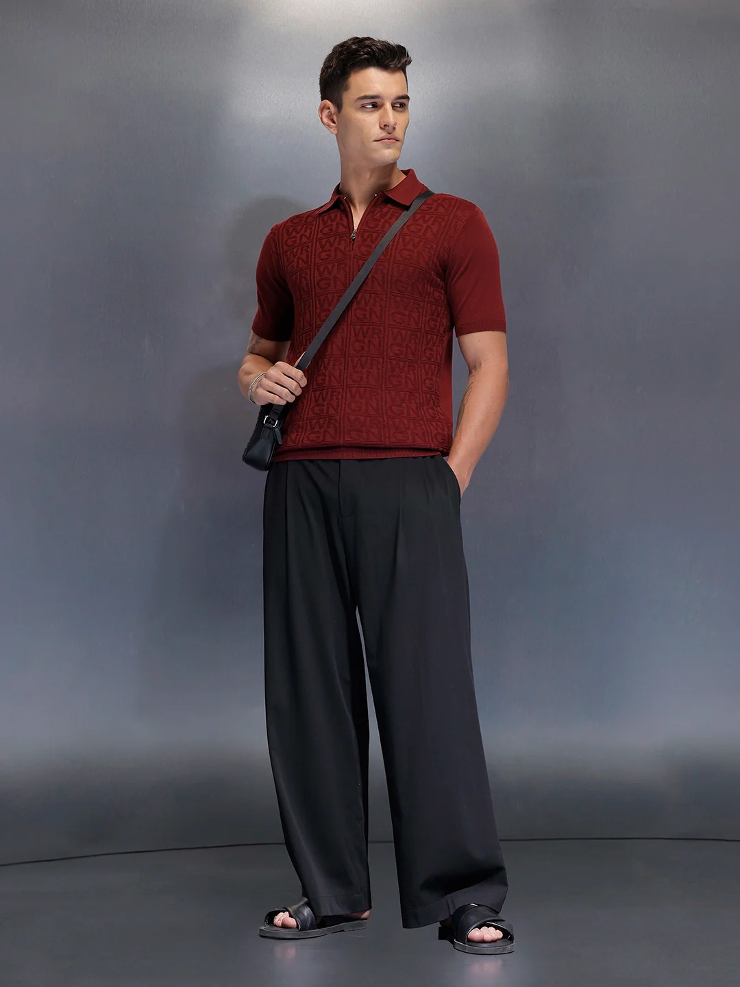Men's slims fit polo with self design fabric | Maroon - Image 2