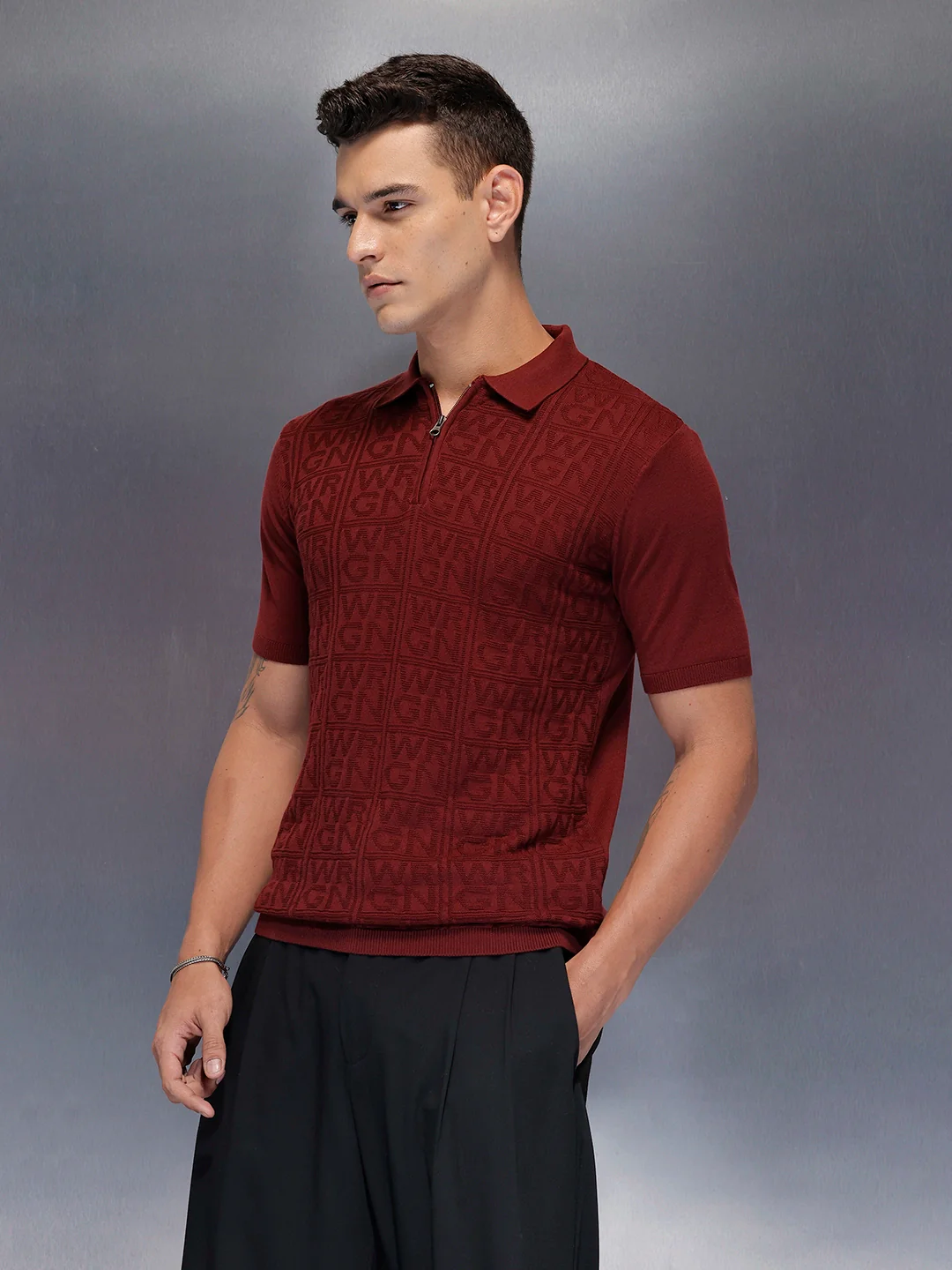 Men's slims fit polo with self design fabric | Maroon - Image 3