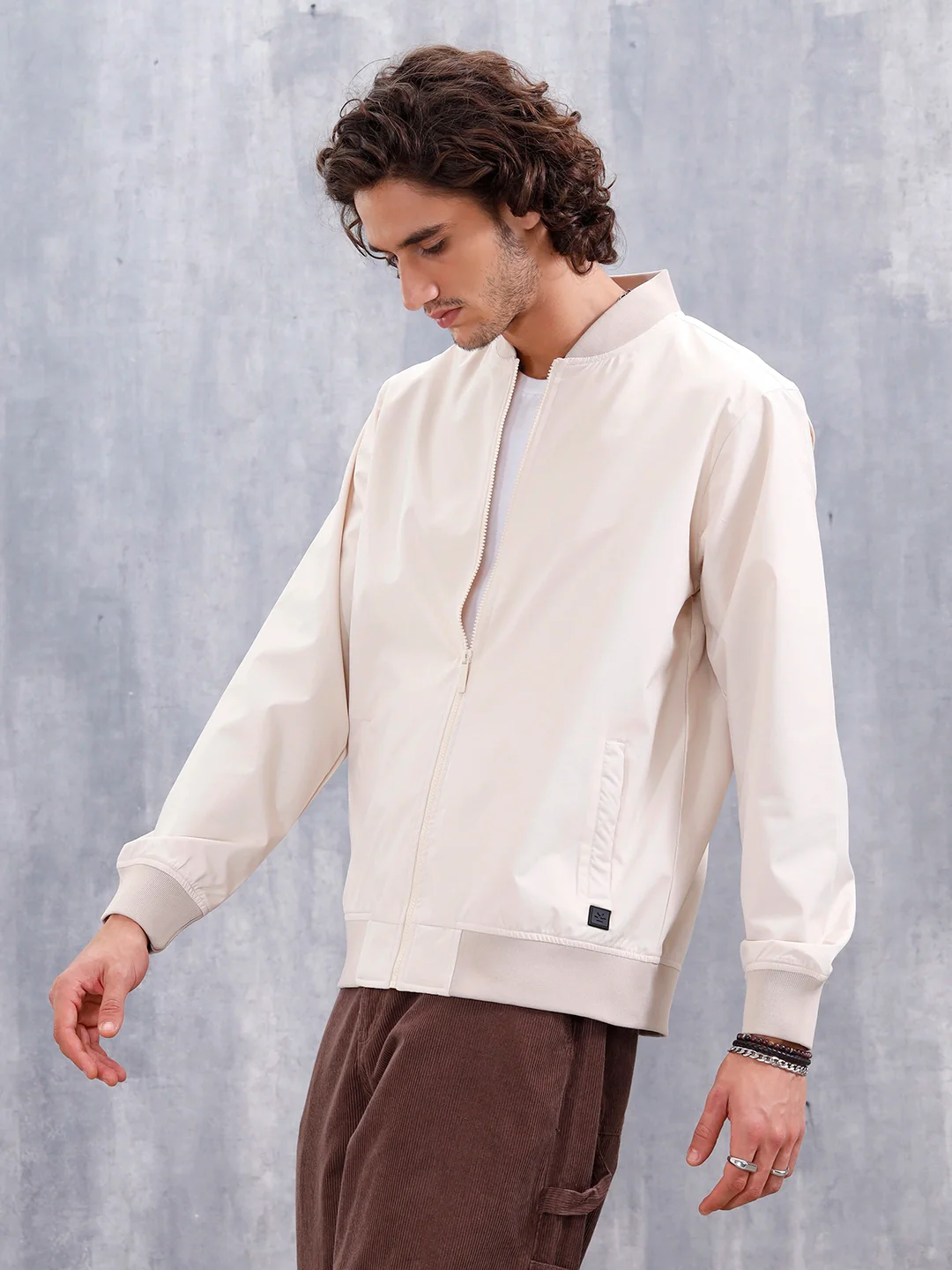 Men'S Solid Casual Bomber Jacket | Beige - Image 3