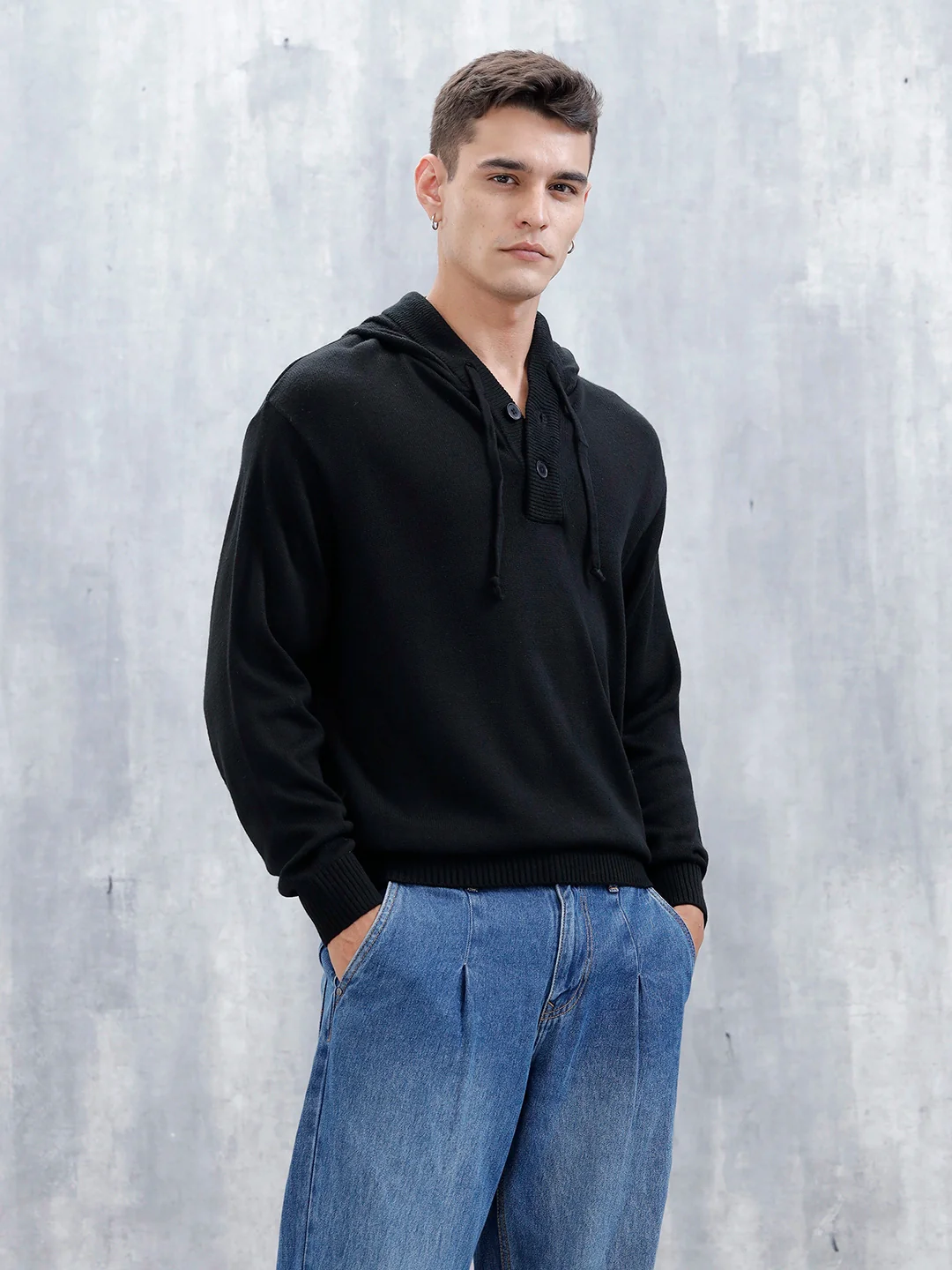Men's Solid Casual Hoodie Pullover  | Black - Image 4