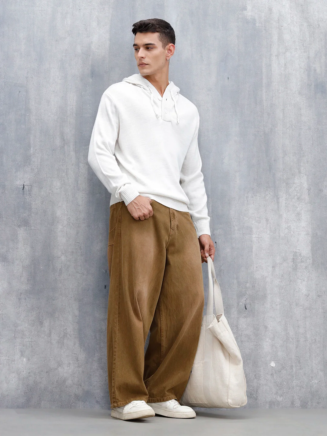 Men's Solid Casual Hoodie Pullover | White - Image 2