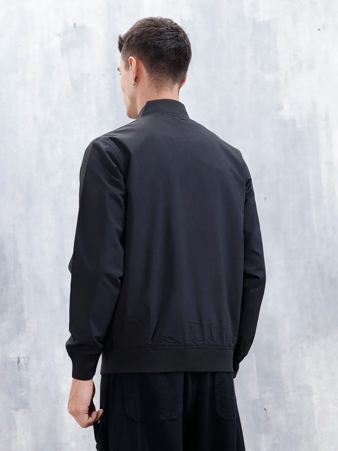 Men's Solid Casual Regular Fit Bomber Jacket | Black - Image 3