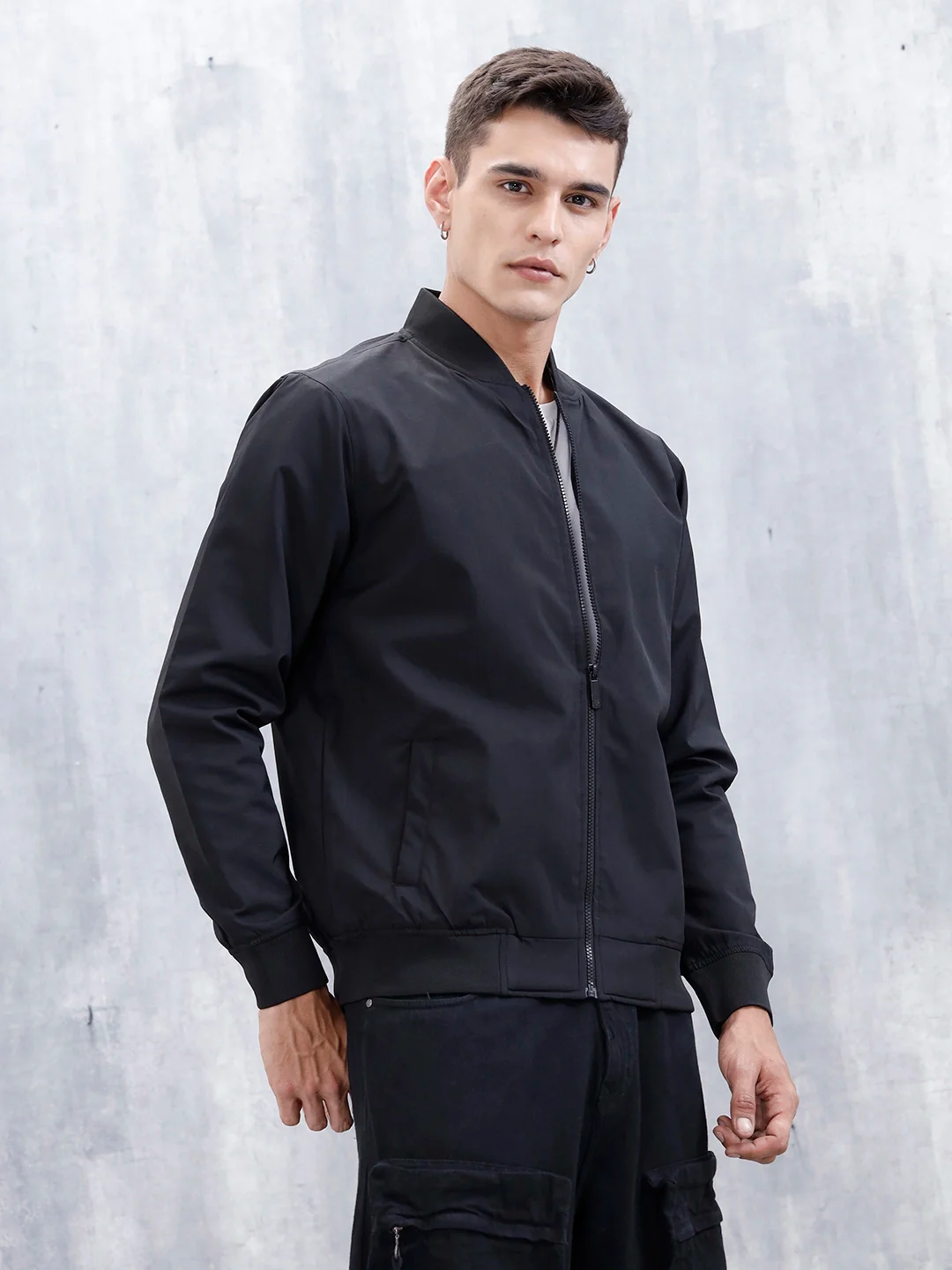 Men's Solid Casual Regular Fit Bomber Jacket | Black - Image 4