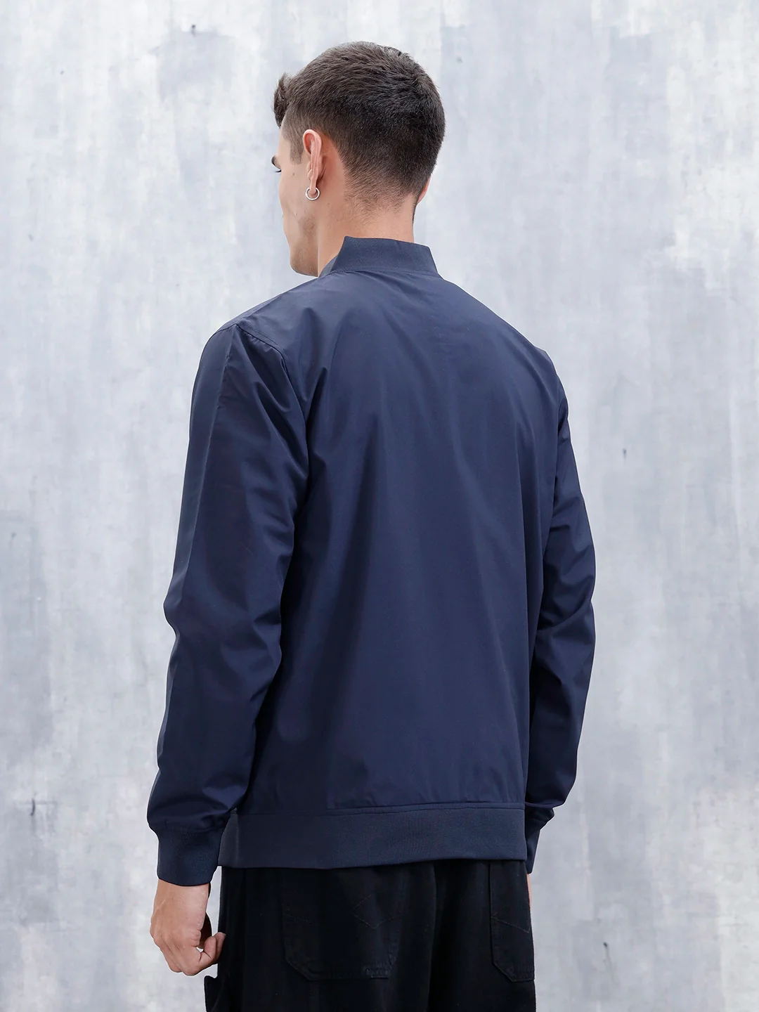 Men's Solid Casual Regular Fit Bomber Jacket | Navy Blue - Image 3