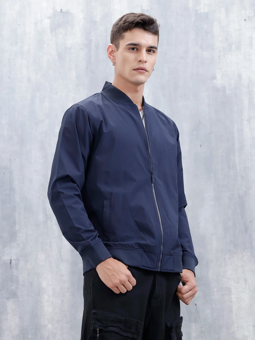 Men's Solid Casual Regular Fit Bomber Jacket | Navy Blue - Image 4