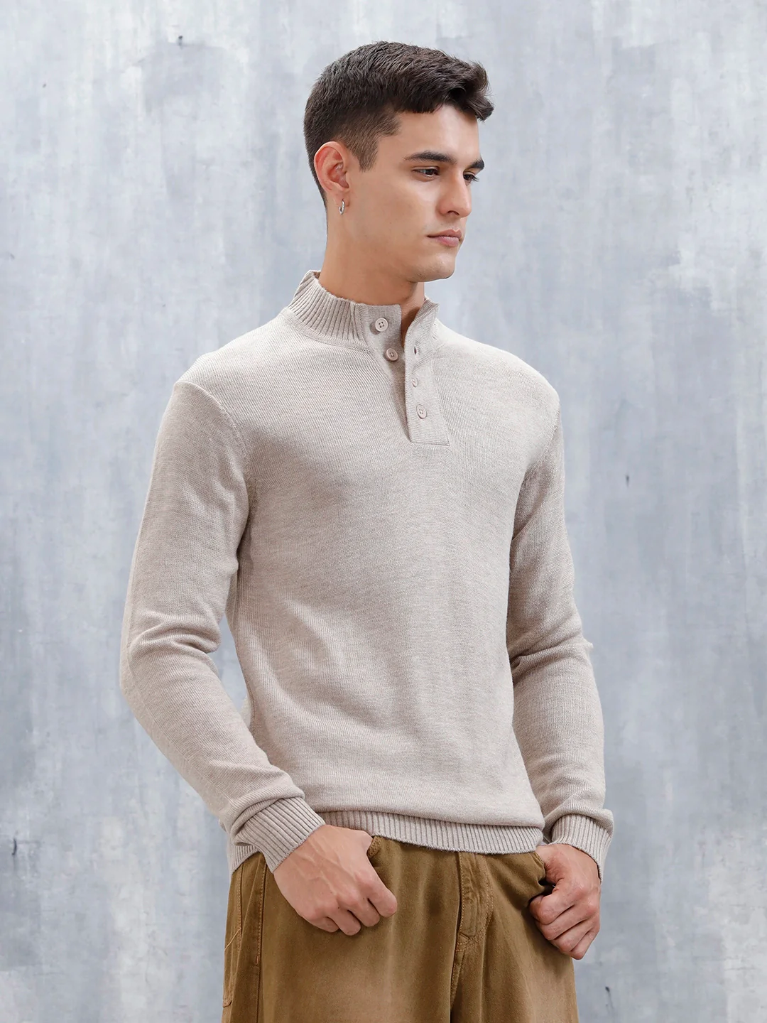 Men's Solid Slim Fit Pullover | Cream - Image 4