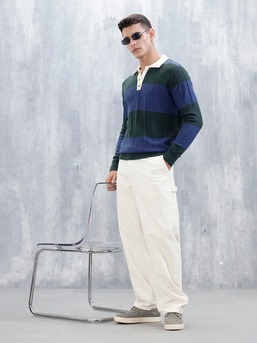 Men's Striped Polo Collar Sweater | Blue - Image 2