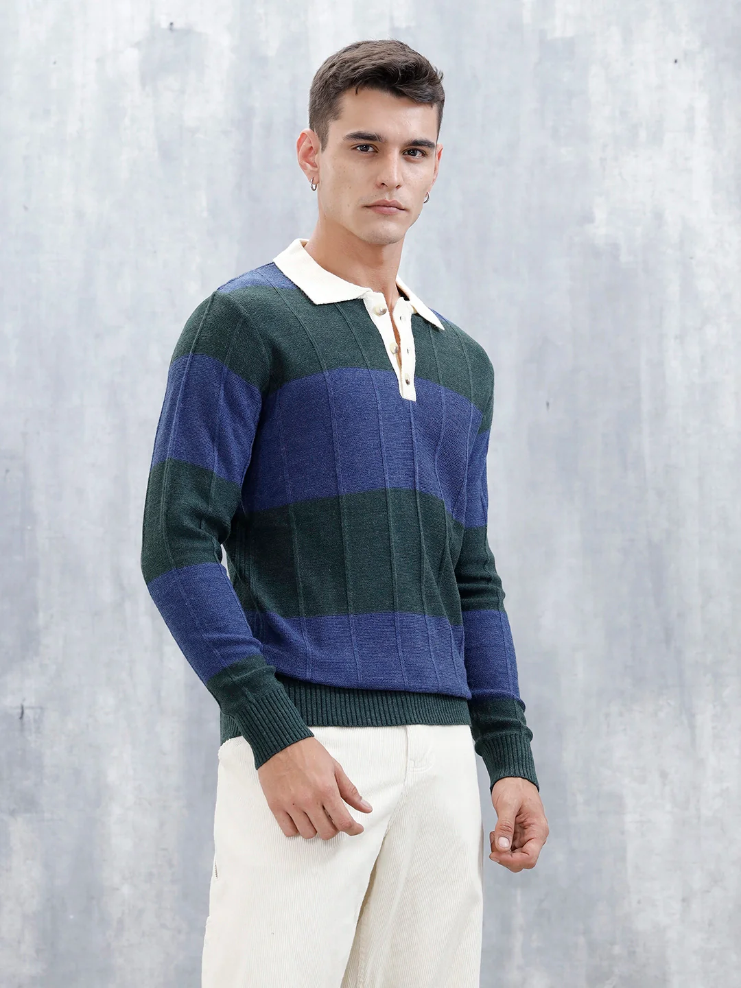Men's Striped Polo Collar Sweater | Blue - Image 4