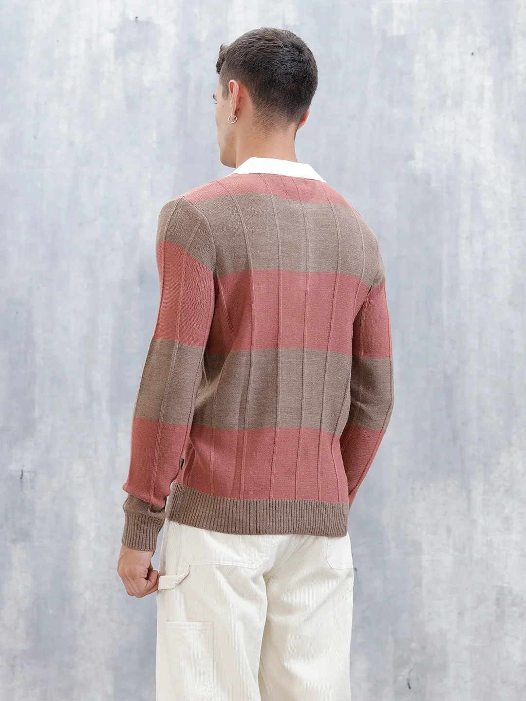 Men's Striped Polo Collar Sweater | Brown - Image 3