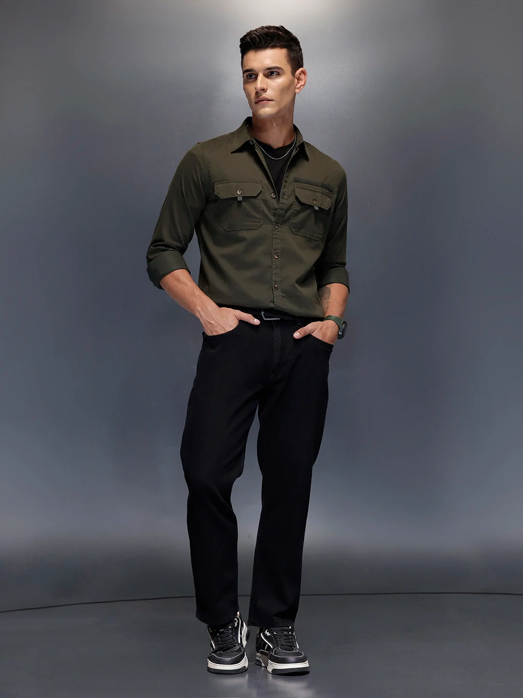Men's structured shirt with pocket styling | Olive - Image 2