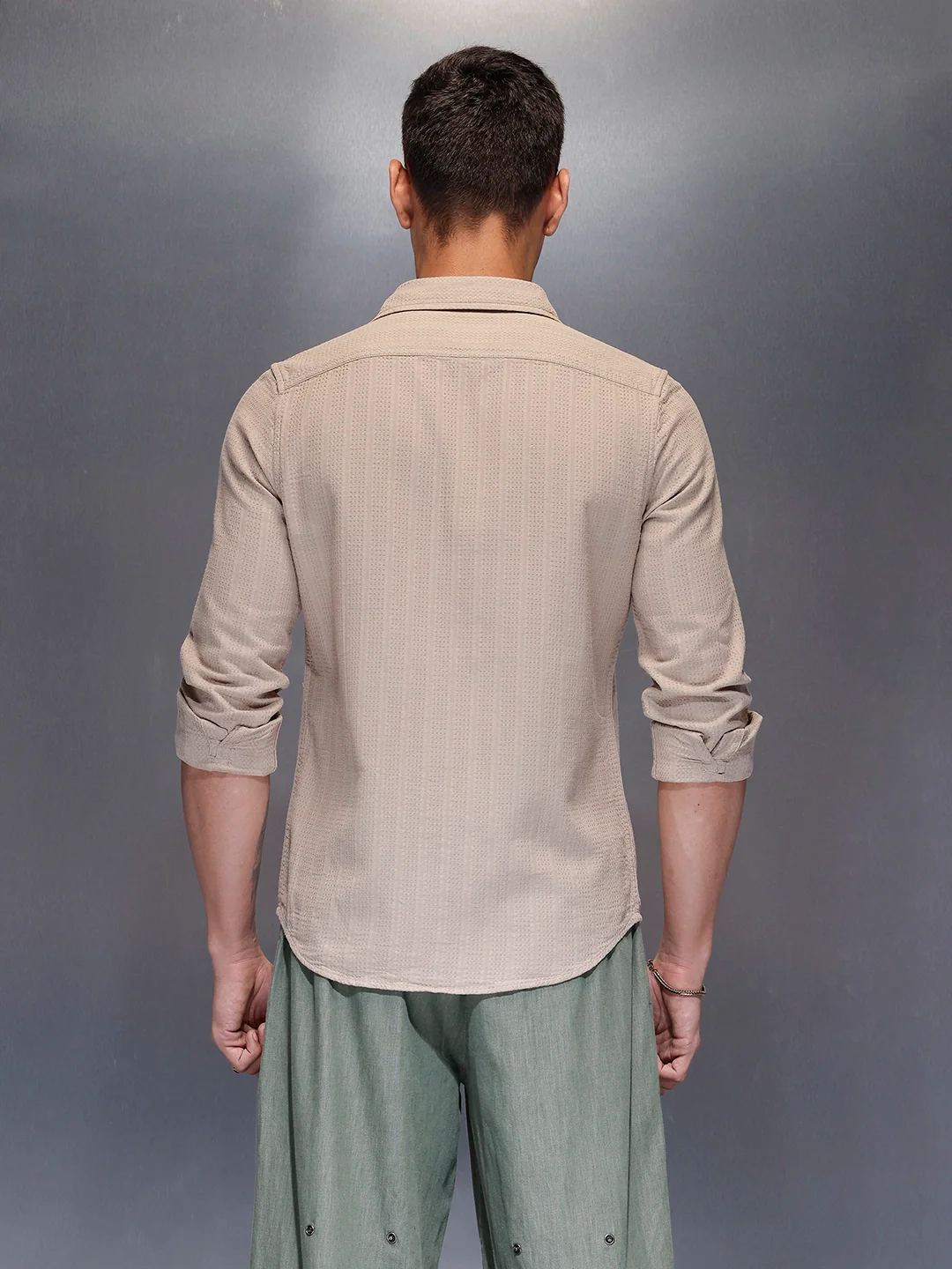 Men's textured full sleeve shirt with subtle pattern | Beige - Image 3