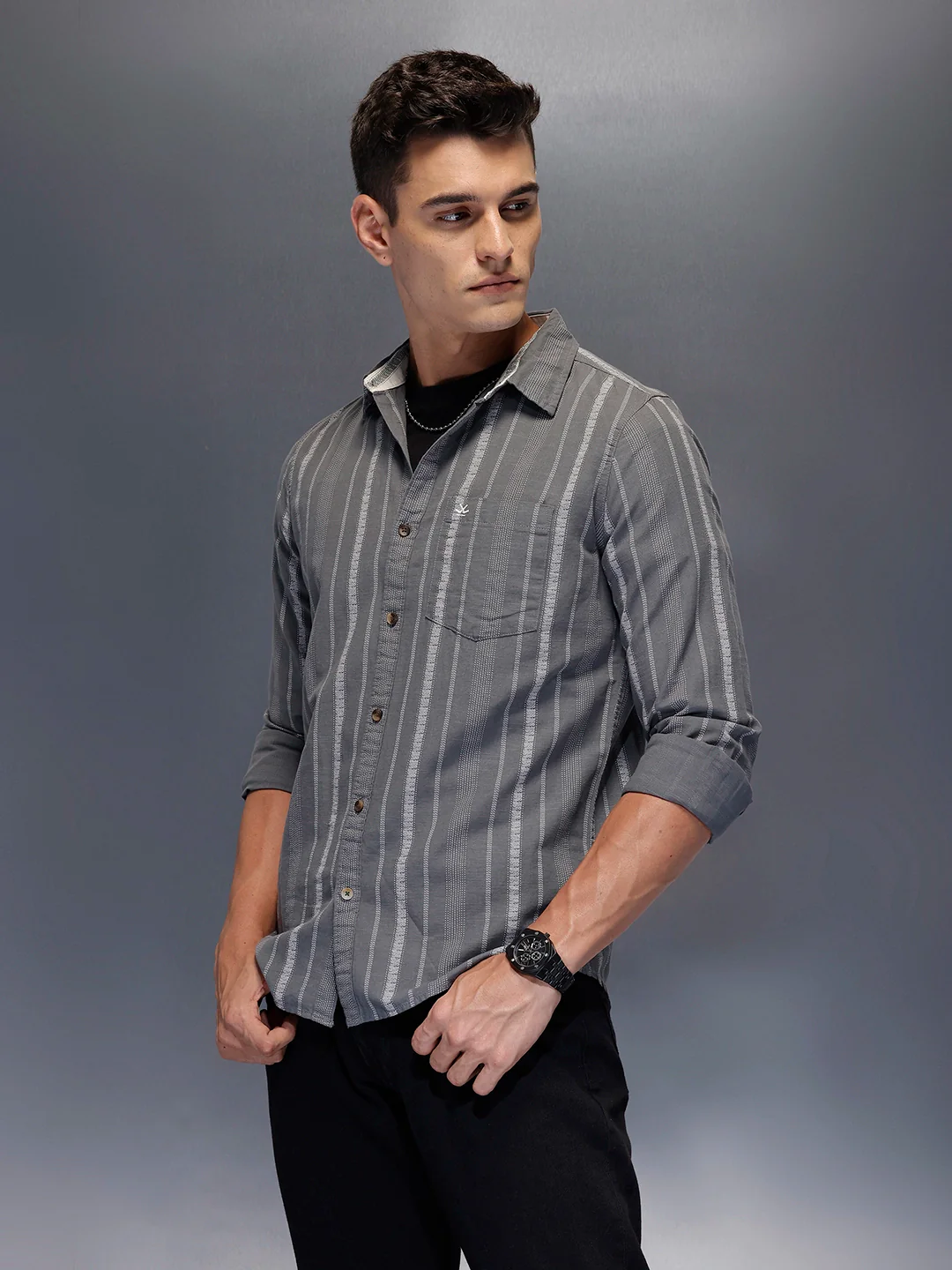 Men's textured vertical striped casual shirt | Dark Grey - Image 4
