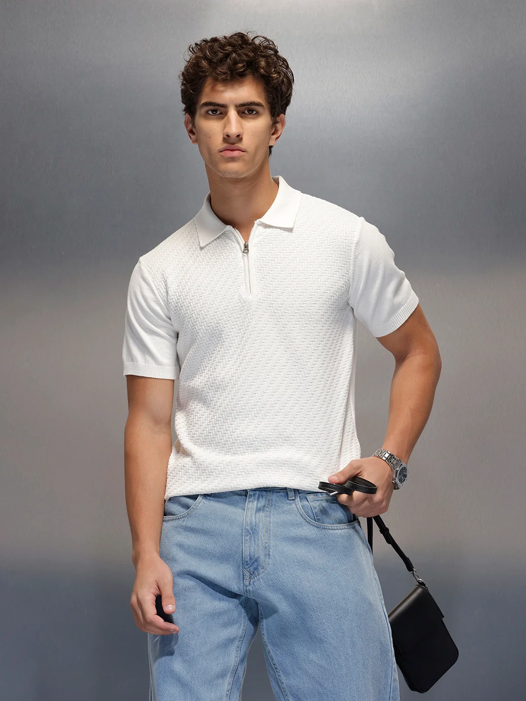 Men's Textured Zip- Up Polo T-Shirt  |  White - Image 3