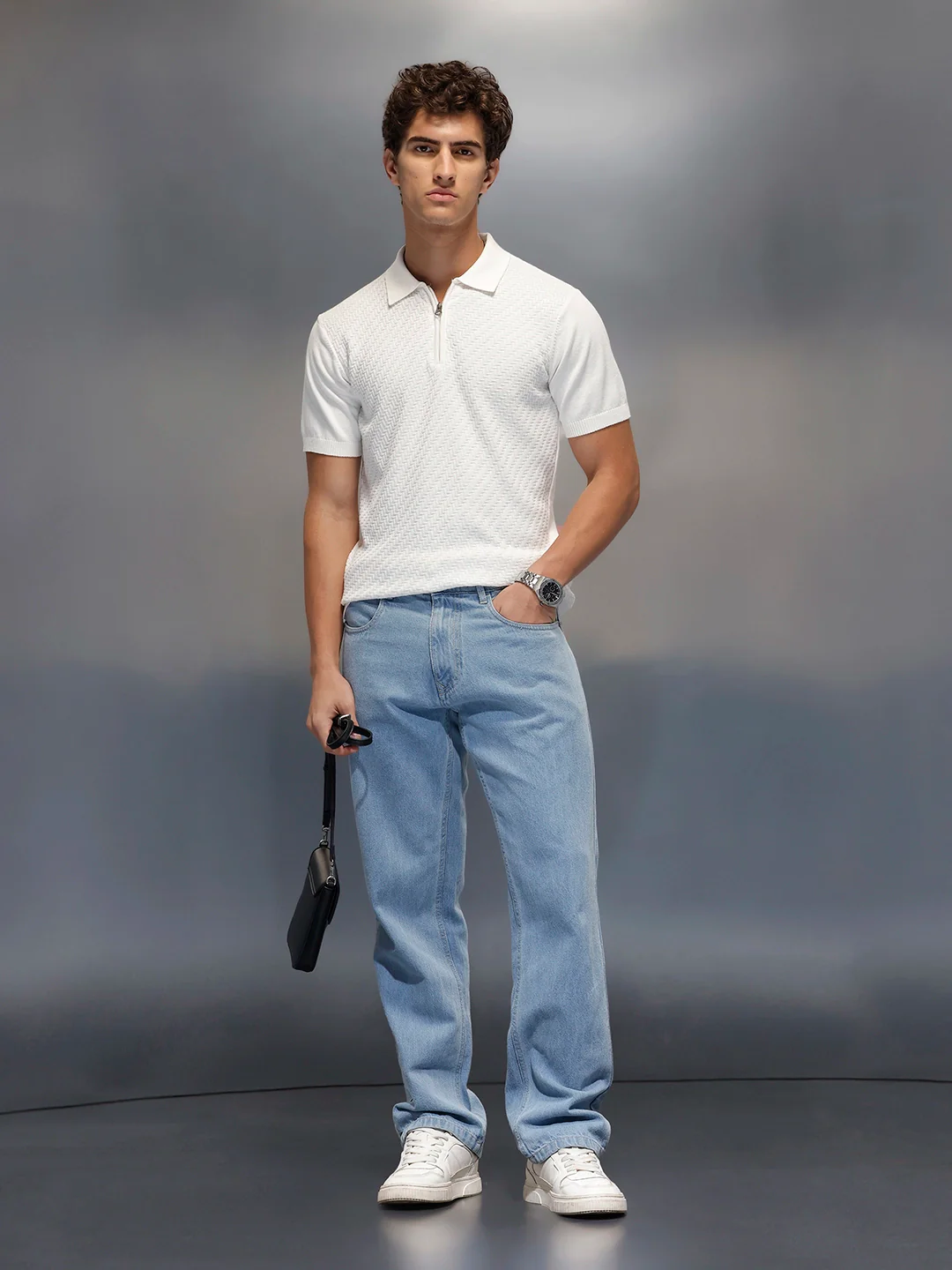 Men's Textured Zip- Up Polo T-Shirt  |  White - Image 4
