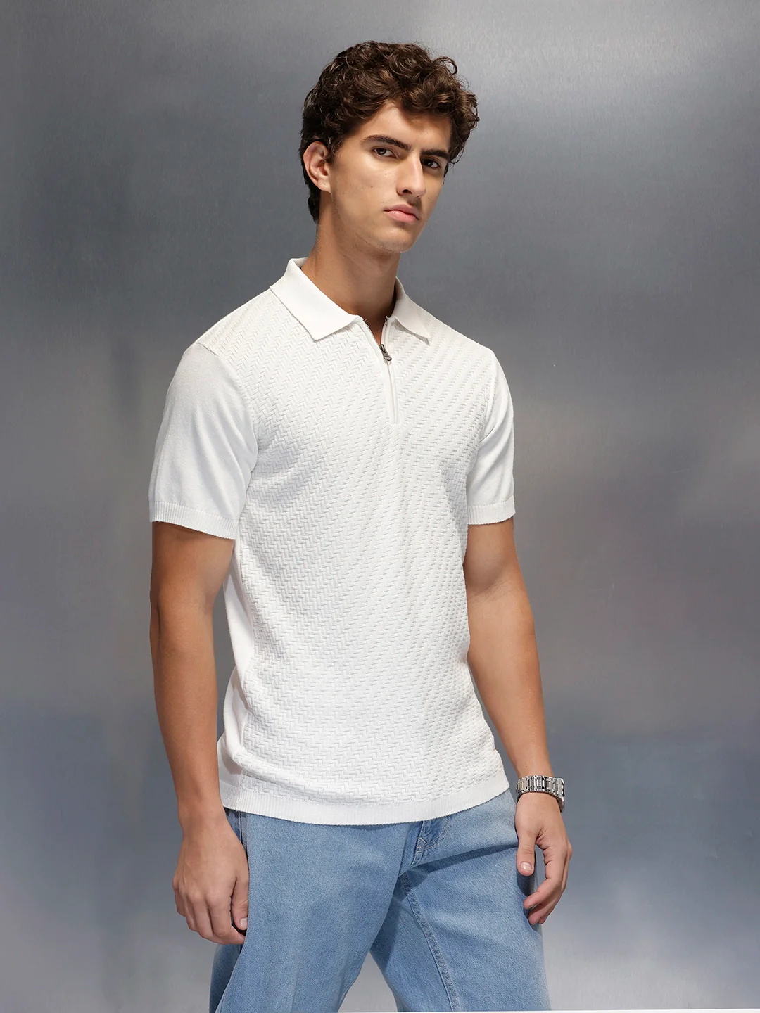 Men's Textured Zip- Up Polo T-Shirt  |  White - Image 5