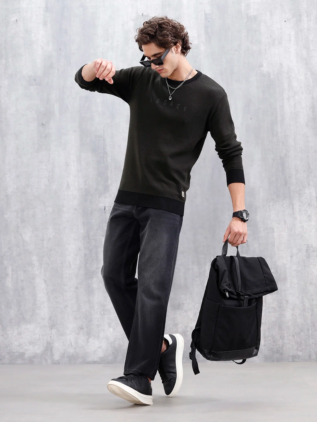 Men's Typo Printed Slim Fit Pullover | Olive - Image 2