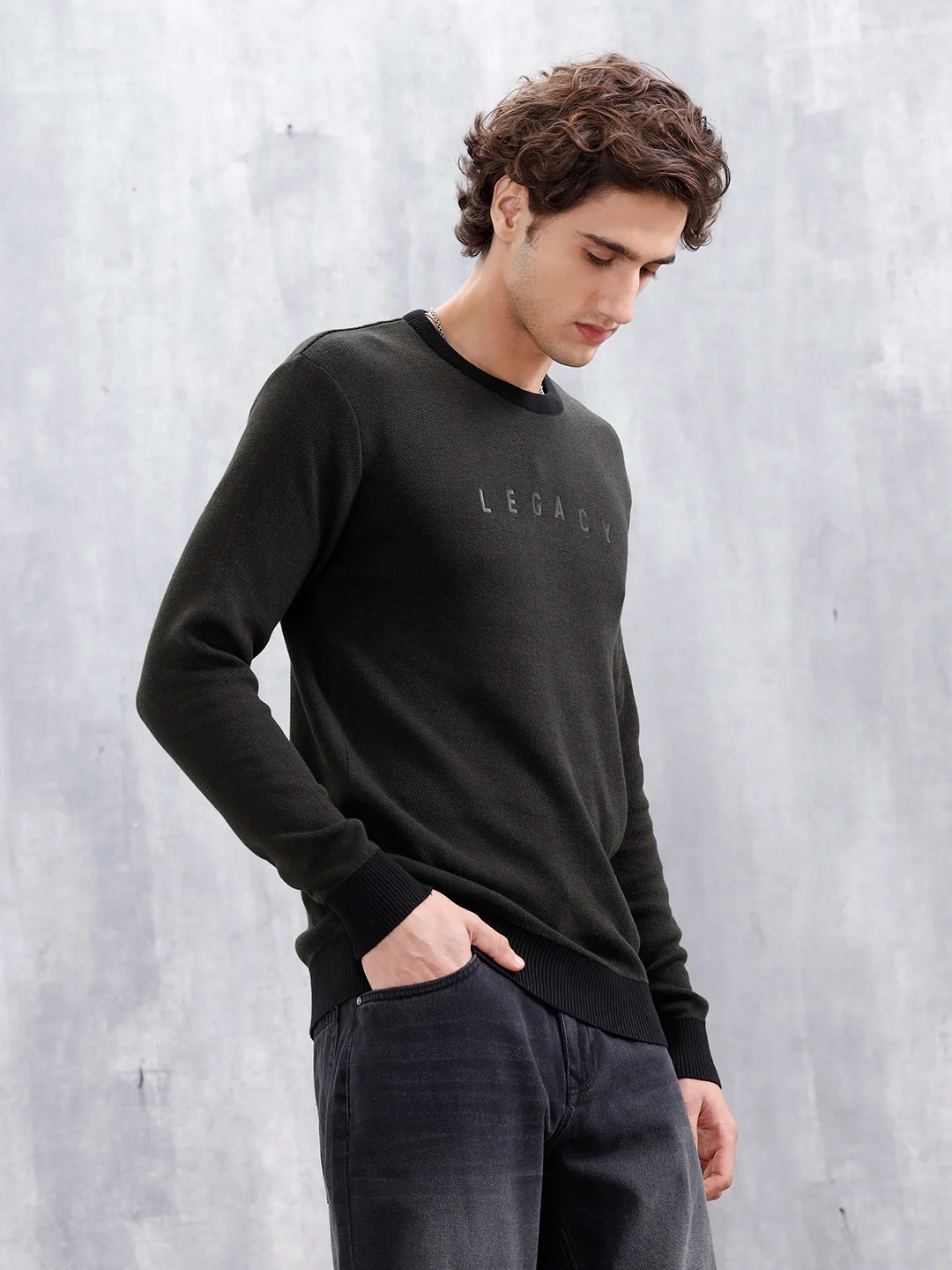 Men's Typo Printed Slim Fit Pullover | Olive - Image 4