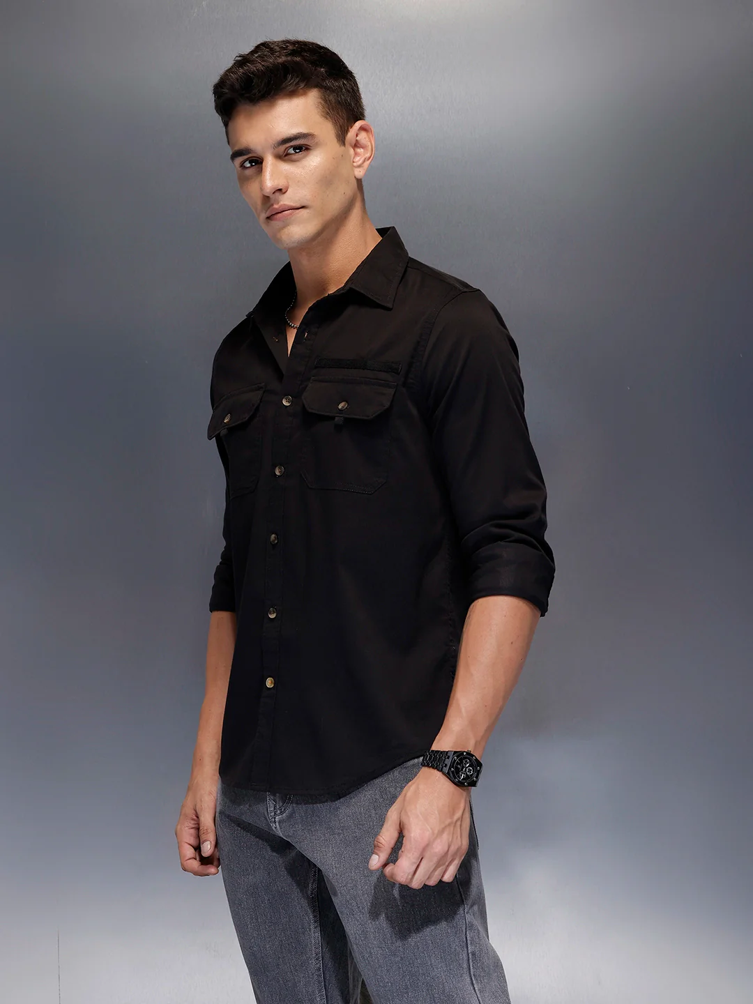 Men's utility shirt with dual chest pockets | Black - Image 4