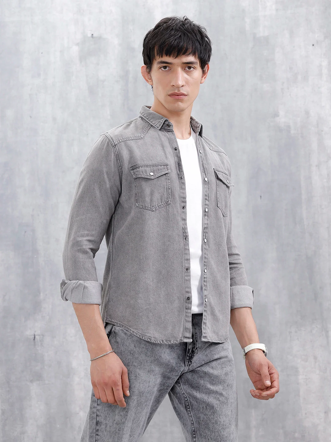 Men's Washed Slim Fit Denim Shirt | Grey - Image 6