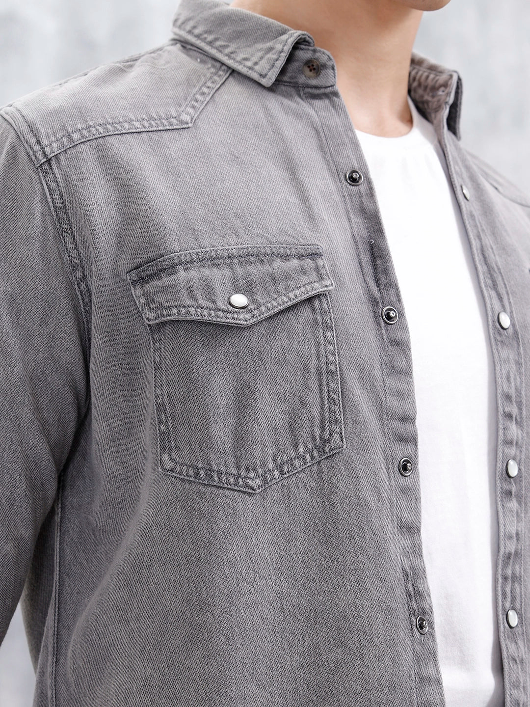 Men's Washed Slim Fit Denim Shirt | Grey - Image 7