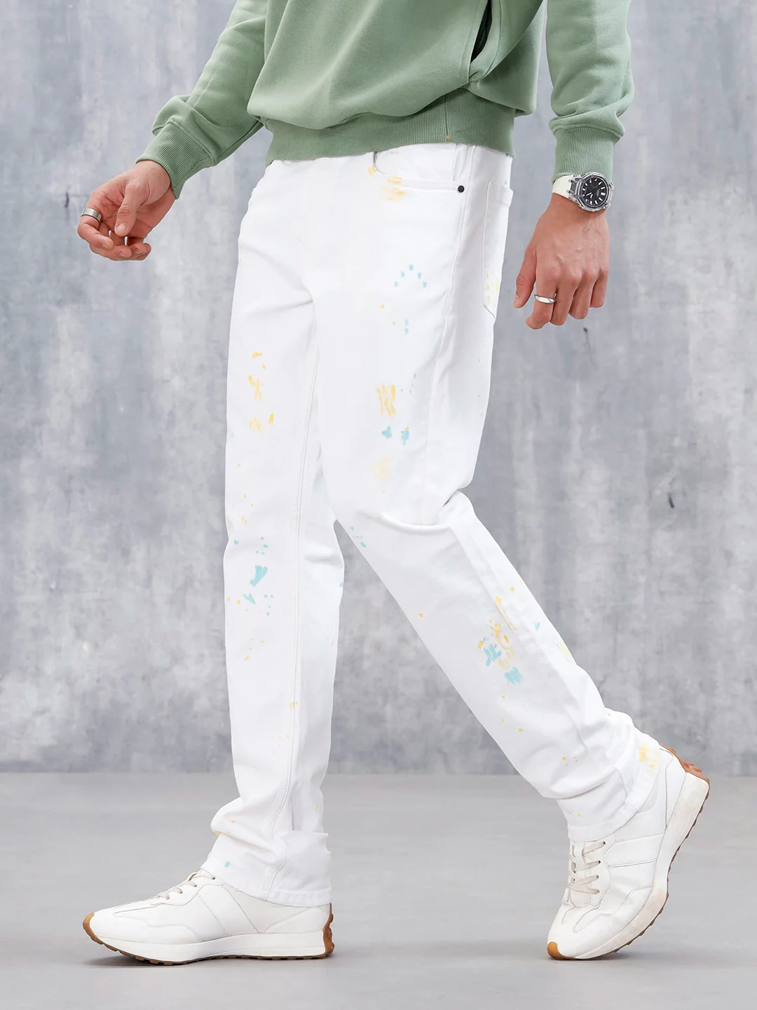 Men's Causal Straight Fit Splatter Effect Jeans | White - Image 4