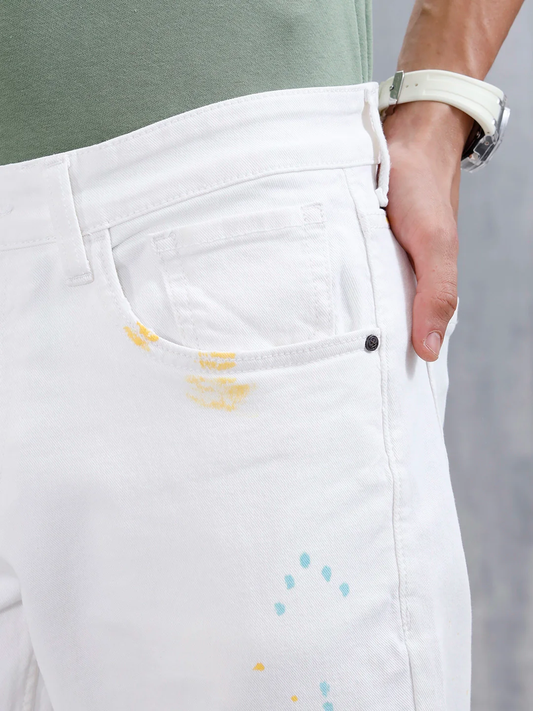 Men's Causal Straight Fit Splatter Effect Jeans | White - Image 5