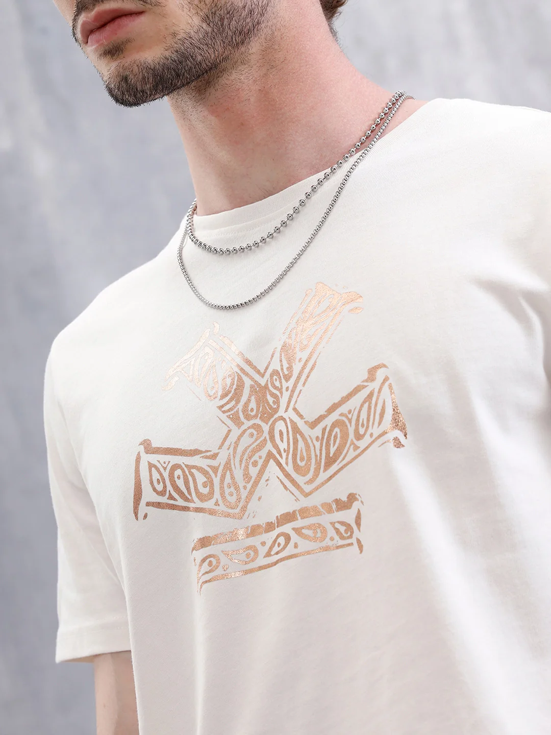 Metallic Foil Printed Slim Fit T-Shirt | White - Image 7