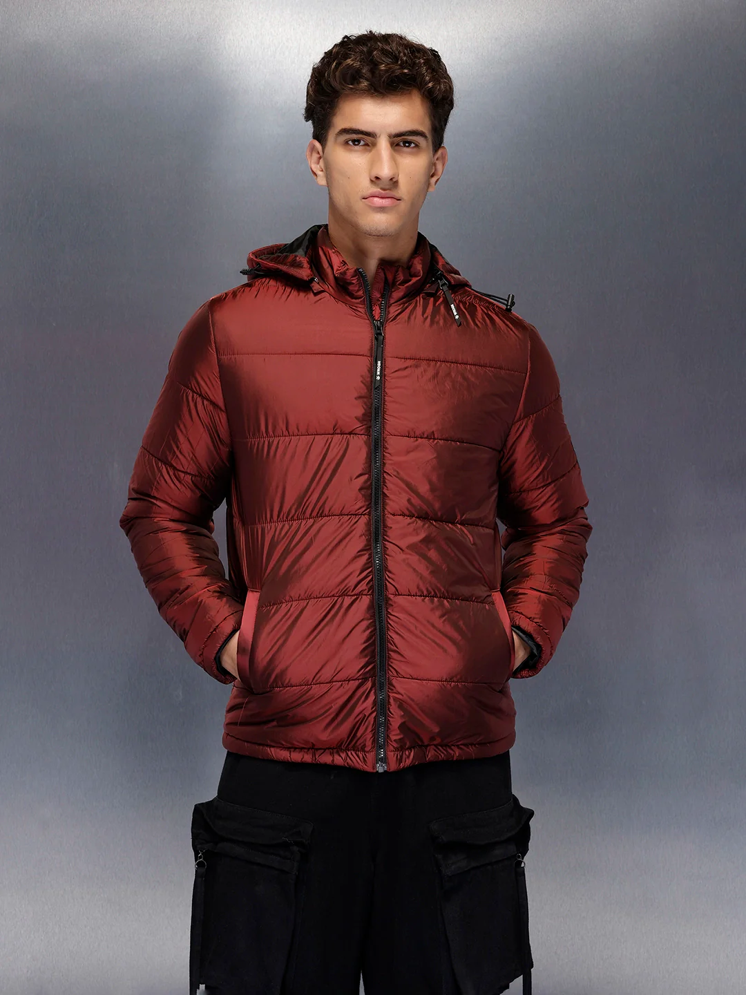 Metallic puffer jacket with hood | Wine - Image 3