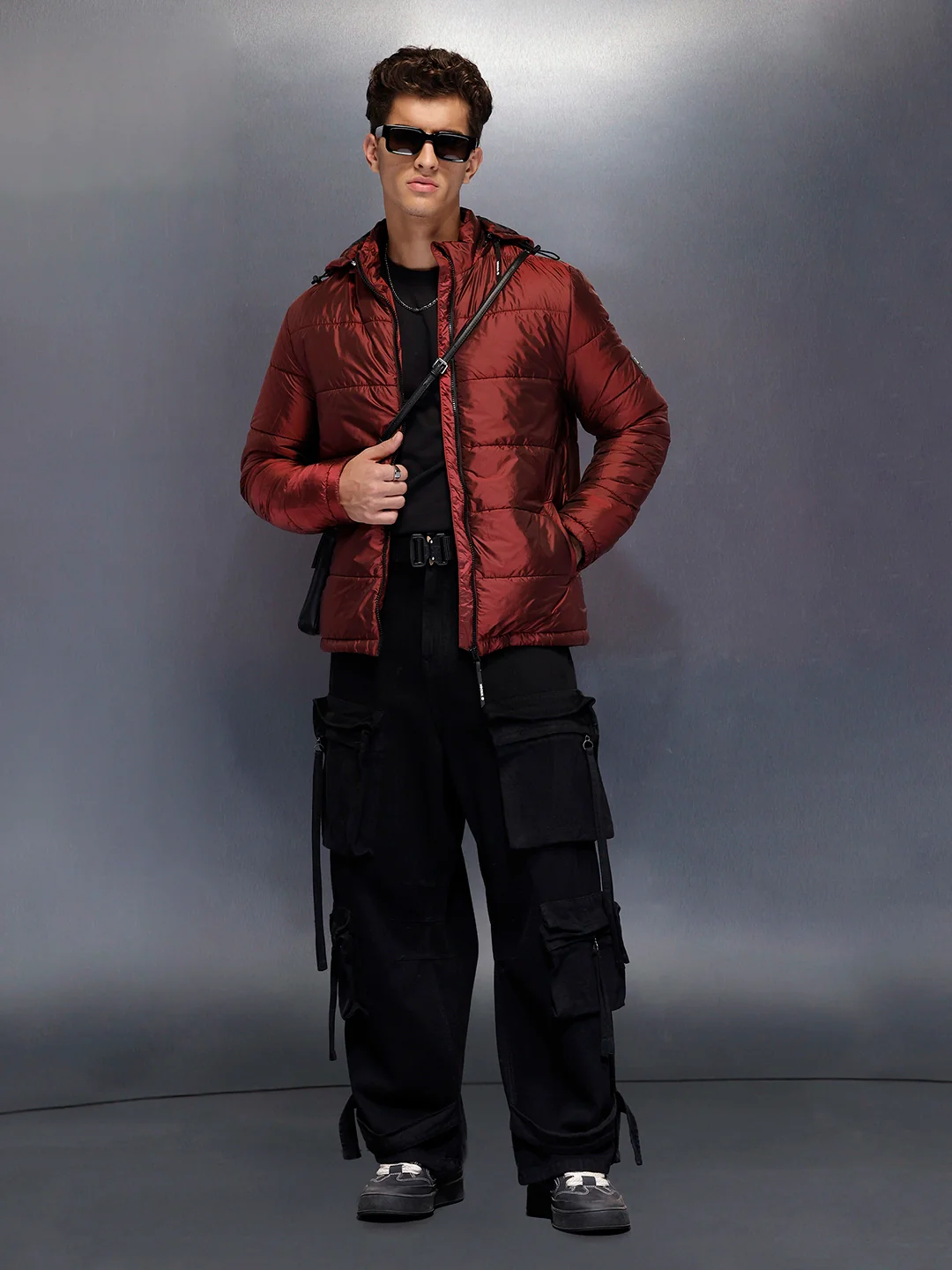 Metallic puffer jacket with hood | Wine - Image 4