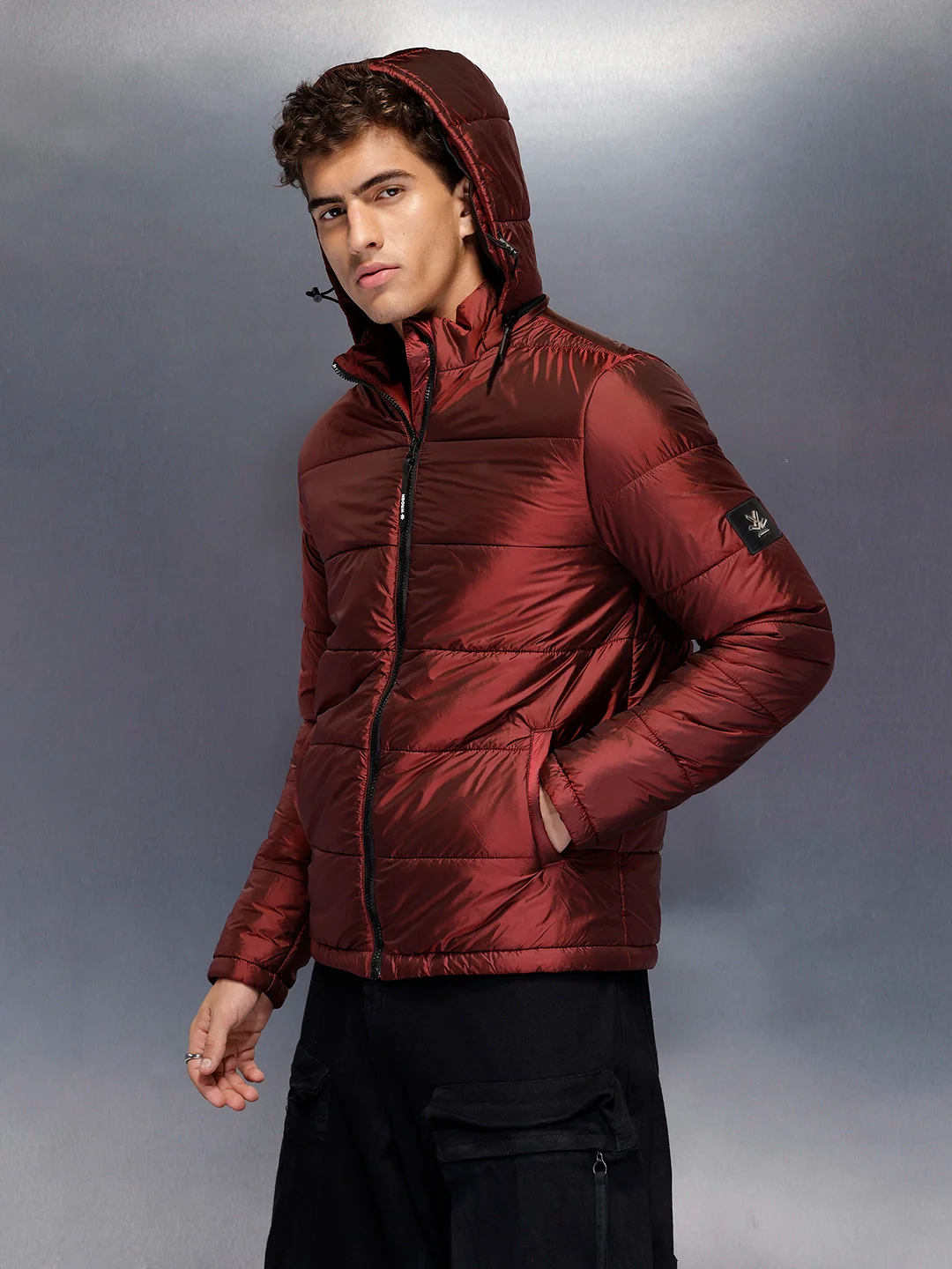 Metallic puffer jacket with hood | Wine - Image 7