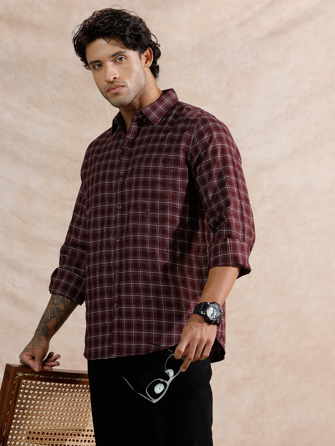 Micro Checks Pattern Regular Fit Shirt | Maroon