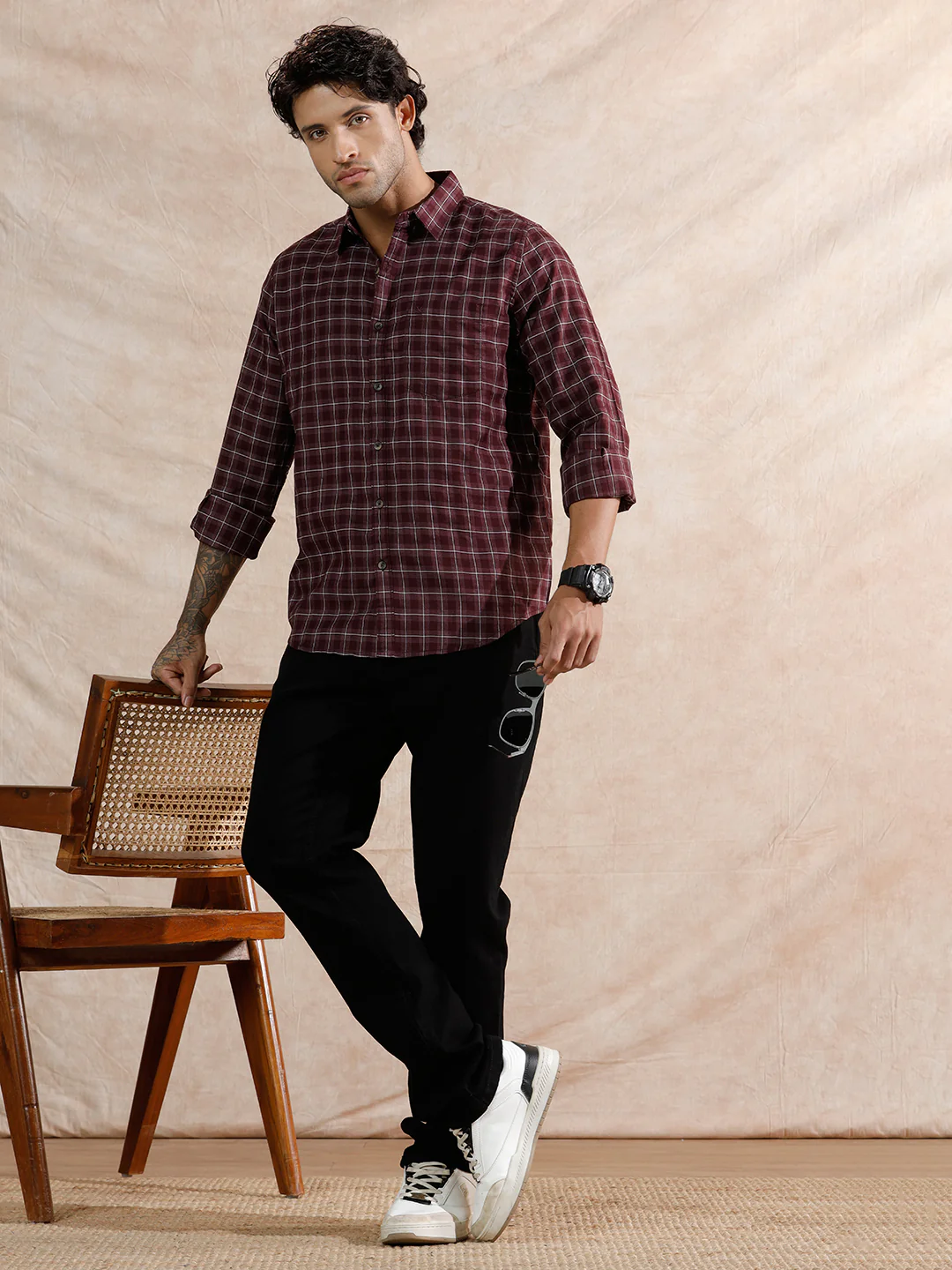 Micro Checks Pattern Regular Fit Shirt | Maroon - Image 2