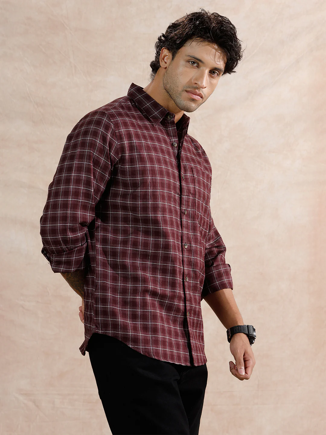 Micro Checks Pattern Regular Fit Shirt | Maroon - Image 4