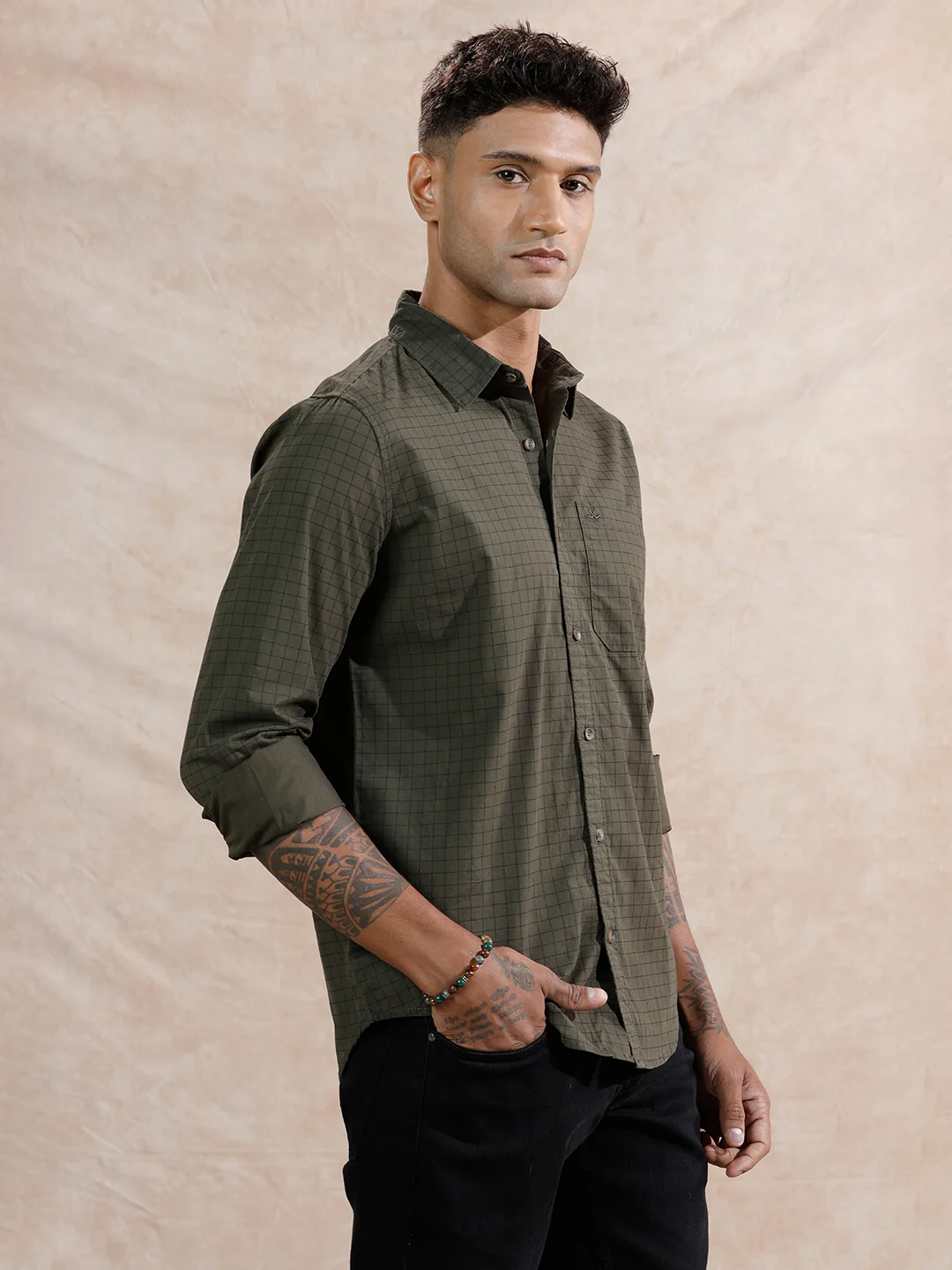 Micro Checks Regular Fit Shirt | Olive - Image 4