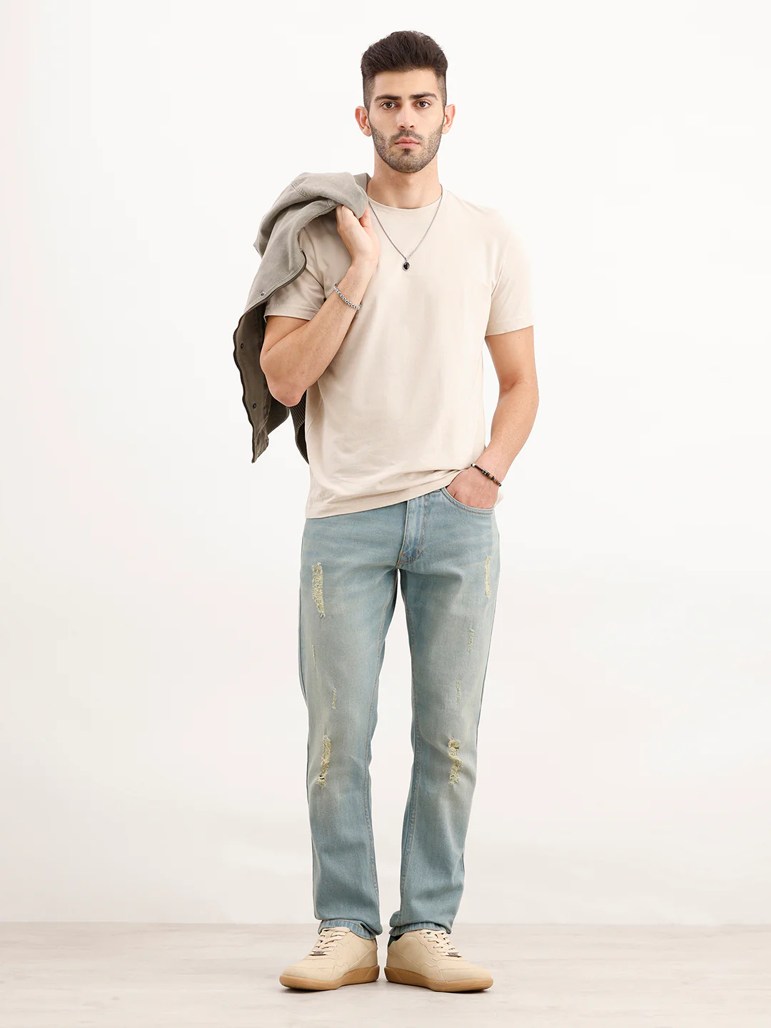 Faded Slim Fit Distressed Denim Jeans | Light Blue - Image 2