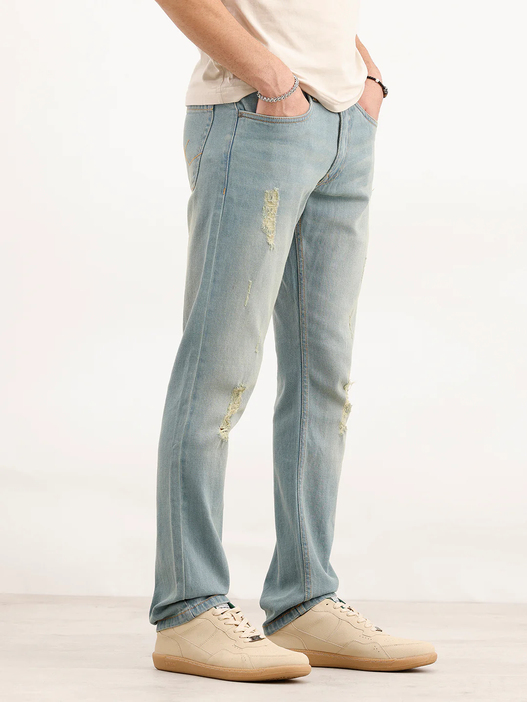 Faded Slim Fit Distressed Denim Jeans | Light Blue - Image 4