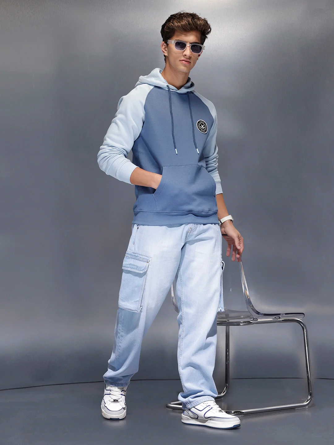 Minimal Dual-Tone Casual Hoodie | Blue - Image 2
